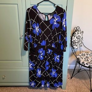 Lane Bryant black dress with blue flowers and white accents